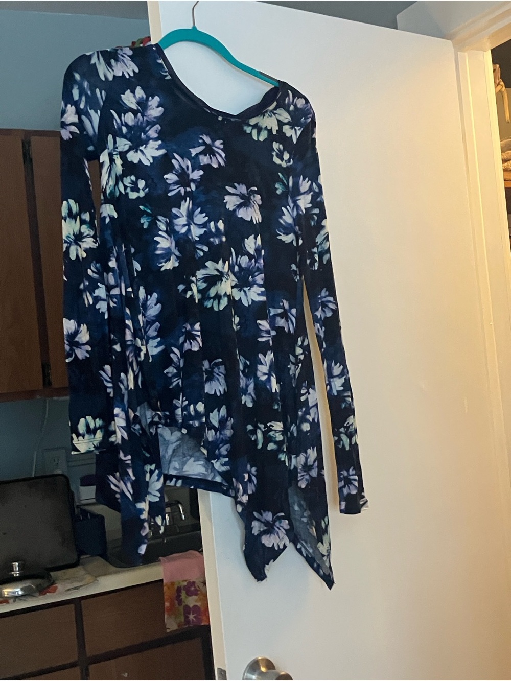 Navy Floral Asymmetric Long-Sleeve Top